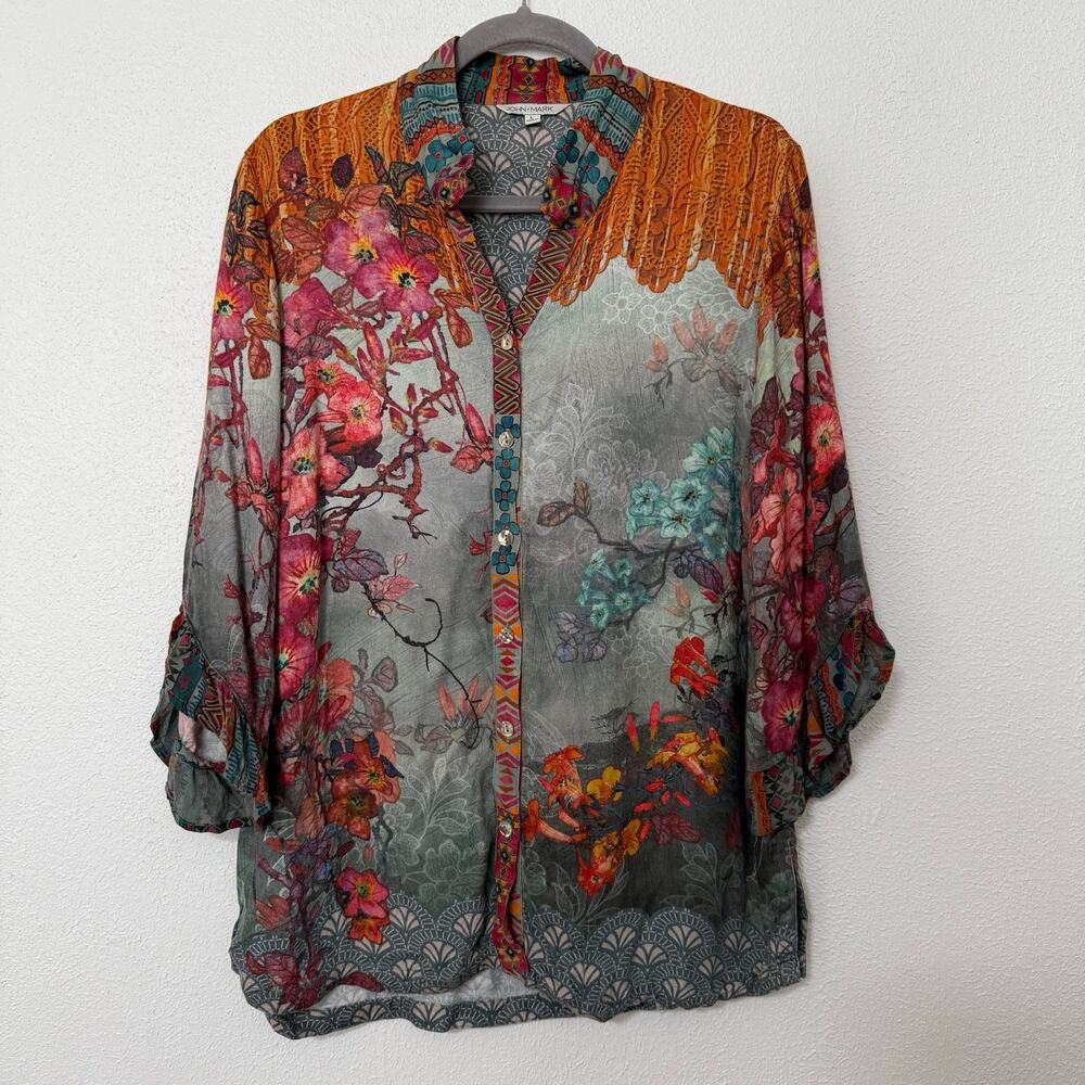 John Mark Women's Floral Wire Collar Button Front Ruffle Sleeve Top Size Large